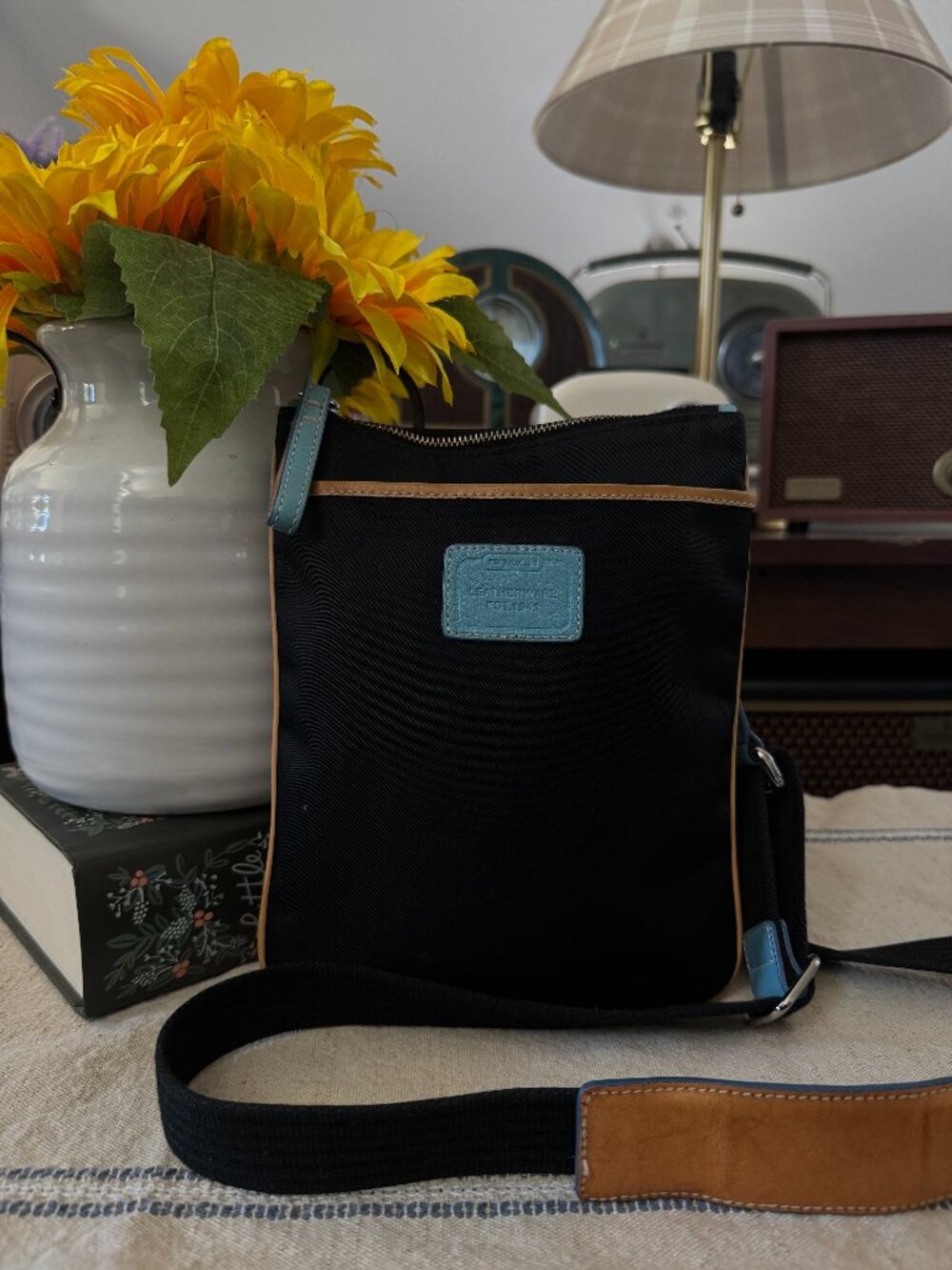 Coach Legacy Swingpack Signature Black Jacquard Blue Leather Crossbody Bag EUC